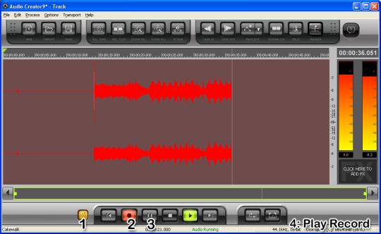 Screenshot of Cakewalk pyro Audio Creator LE. A '1' is over the Monitor Audio button. A '2' is over the Record button. A '3' is over the Pause button. A final label, '4', reads 'Play Record.'