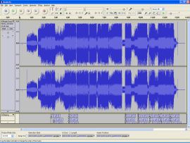 Audacity screenshot shows a waveform where several sections exceed the maximum volume. These sections are indicated by labels below the waveform.