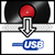 Small icon depicting a LP record with an arrow pointing to the official USB logo.