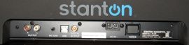 Photo of the back panel of the Stanton T.92 USB Turntable. Output jacks, a switch and a power lead are visible.