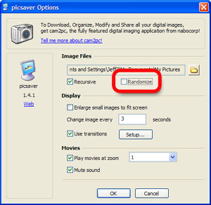 Click to zoom in on this screenshot. picsaver Configuration Dialog. Randomize checkbox is highlighted.