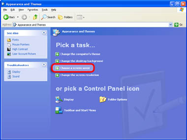 Click to zoom in on the Control Panel screenshot. Appearance and Themes: Pick a Task with Choose Screen Saver Hightlighted