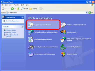 Click to zoom in on the Control Panel screenshot. Control Panel with Appearances and Themes Highlighted