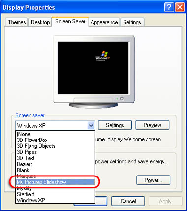 Click to zoom in on the Display Properties screenshot. Windows Screen Saver dialog box with My Pictures Slideshow Highlighted