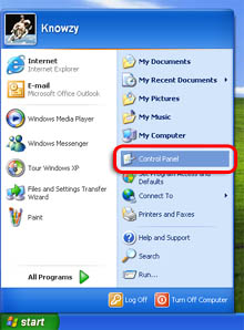 Click to zoom in on the Start Menu picture. Windows XP Start Menu with the Control Panel item highlighted.